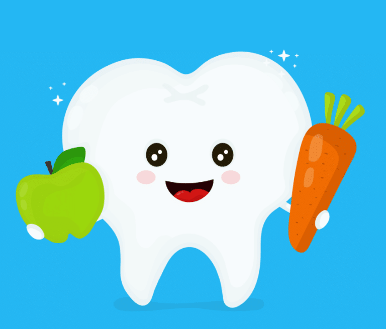 SMART Blog 1 Smiling tooth illustration with an apple and carrot